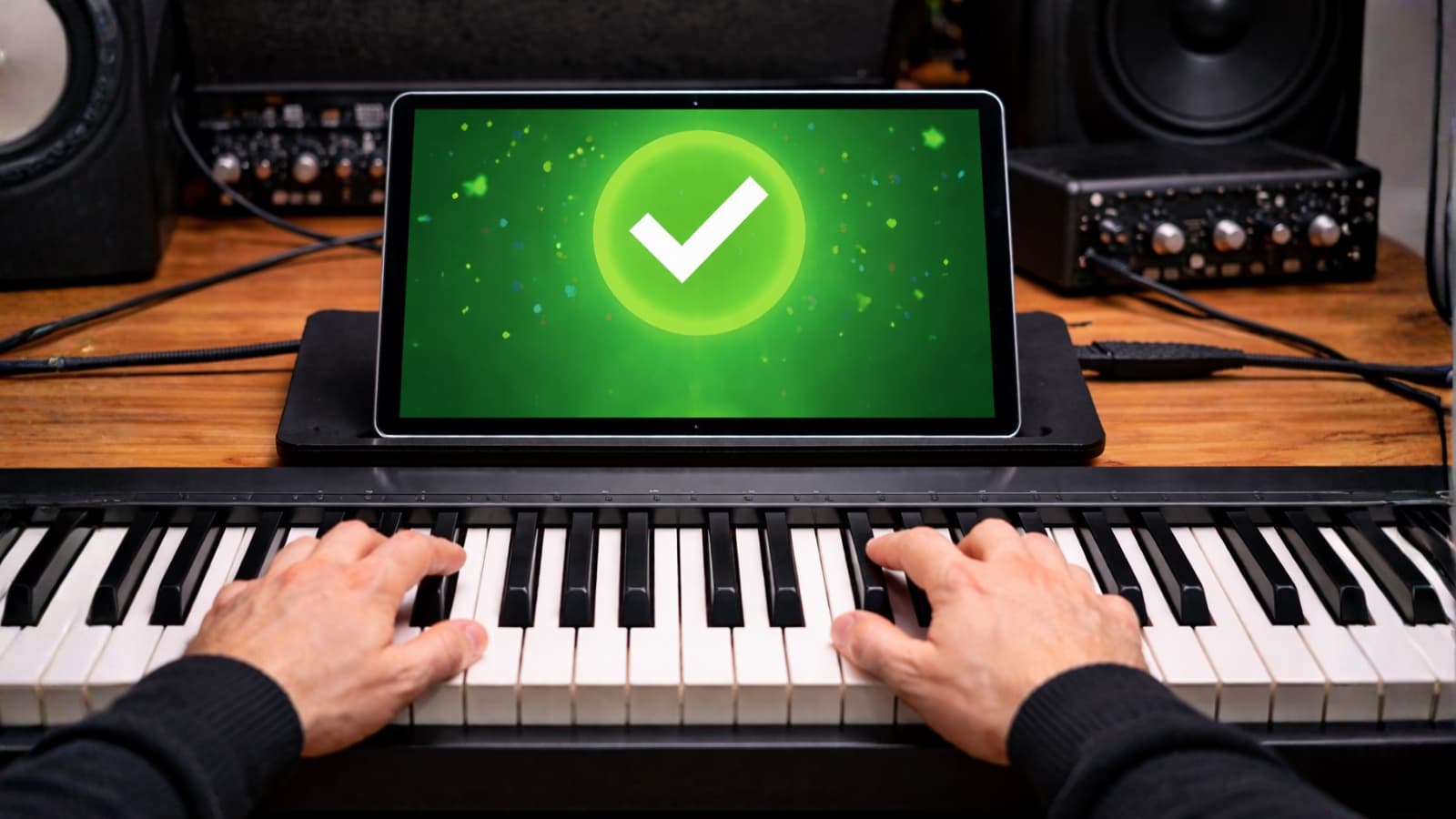 Hands playing piano using a privacy-first music learning application
